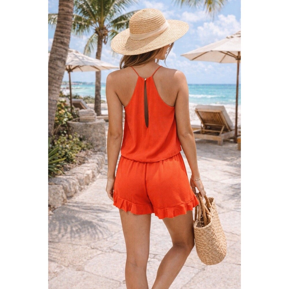 Red Orange Coral Ruffle Romper Small Flowy Layered V-Neck Summer Vacation Outfit - Picture 2 of 12